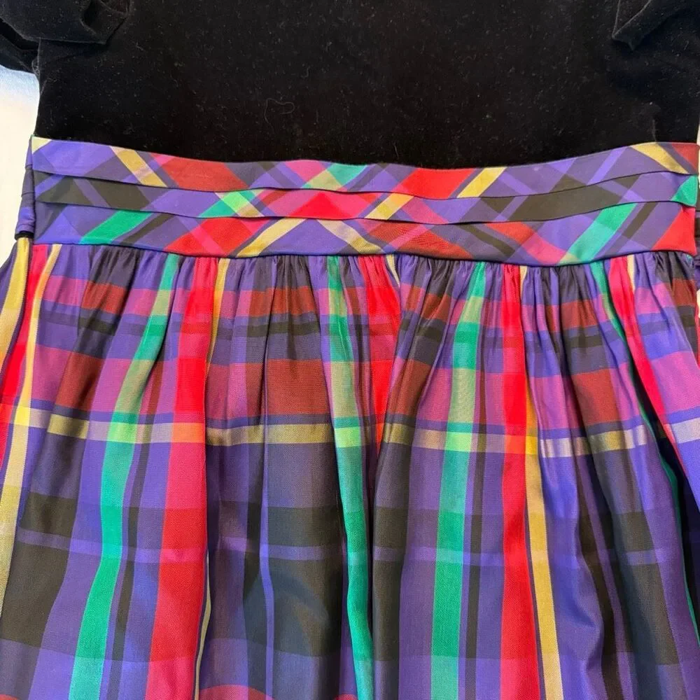 Vintage Polly Flinders | Velvet & Plaid Holiday Dress | Gold Button Back | Girls